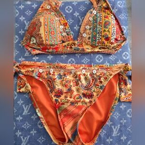Lucky Brand Orange Bikini With Mother Of Pearl Accent Buttons And Floral Design